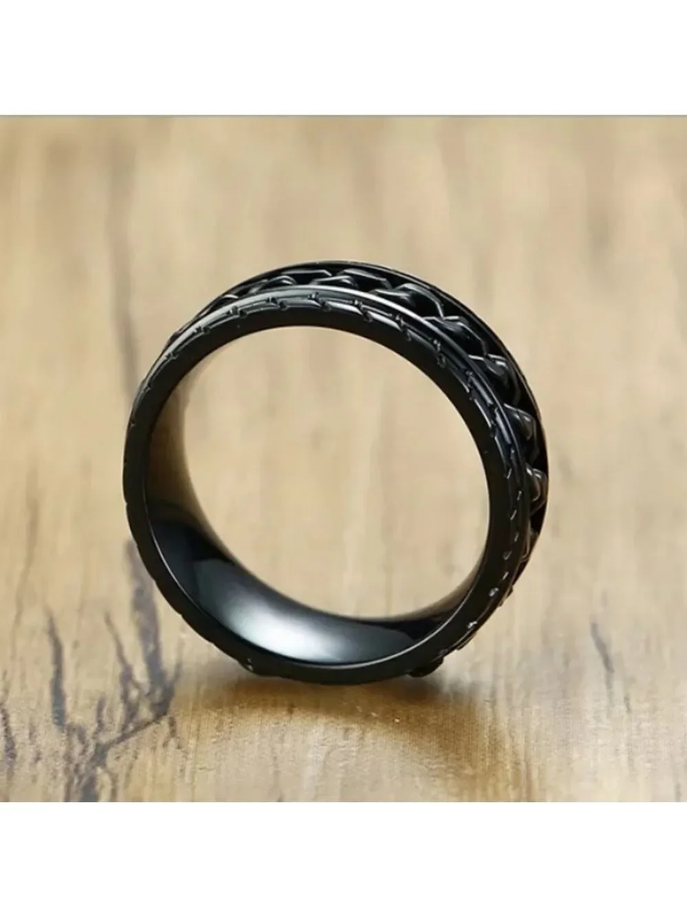 Black Stainless Steel Tire Texture Spinner Anxiety Fidget Ring